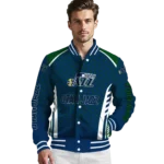 personalized utah jazz hexagon grid navy varsity jacket best selling.webp