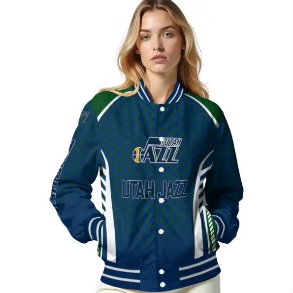 personalized utah jazz hexagon grid navy varsity jacket latest model.webp