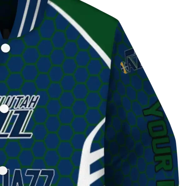 personalized utah jazz hexagon grid navy varsity jacket premium grade.webp