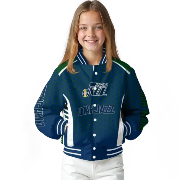 personalized utah jazz hexagon grid navy varsity jacket top rated.webp