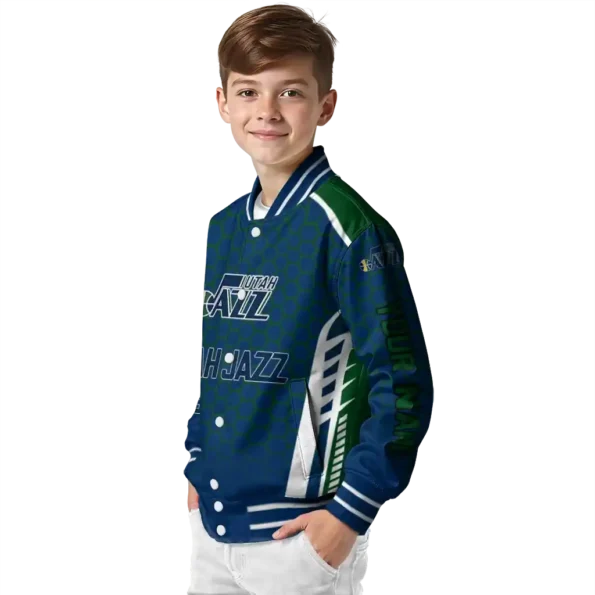 personalized utah jazz hexagon grid navy varsity jacket trendy.webp