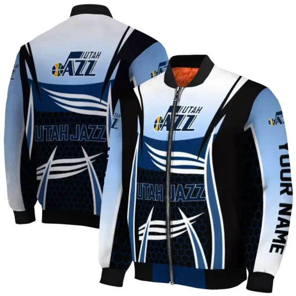 personalized utah jazz mesh effect navy black bomber jacket fashion forward
