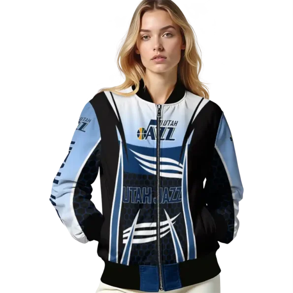personalized utah jazz mesh effect navy black bomber jacket latest model
