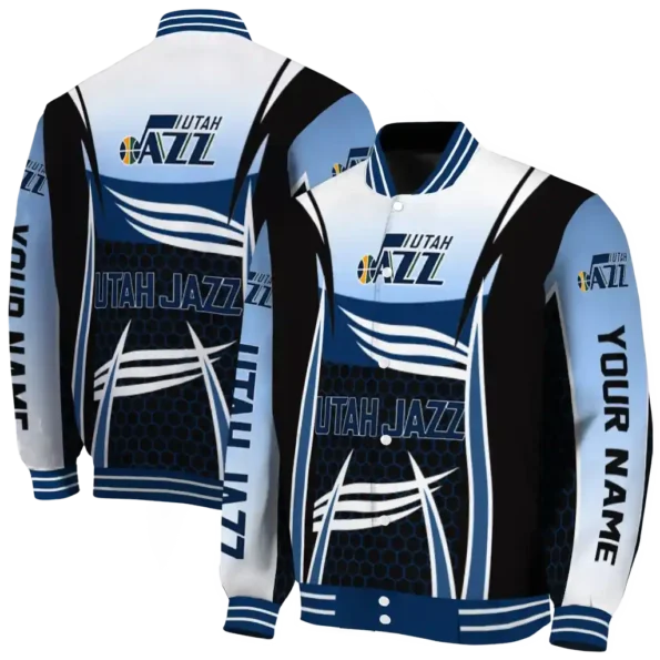 personalized utah jazz mesh effect navy black varsity jacket fashion forward.webp