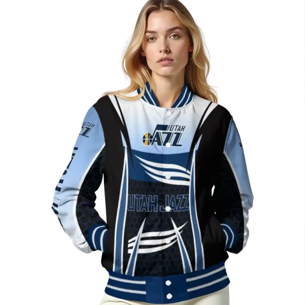 personalized utah jazz mesh effect navy black varsity jacket latest model.webp
