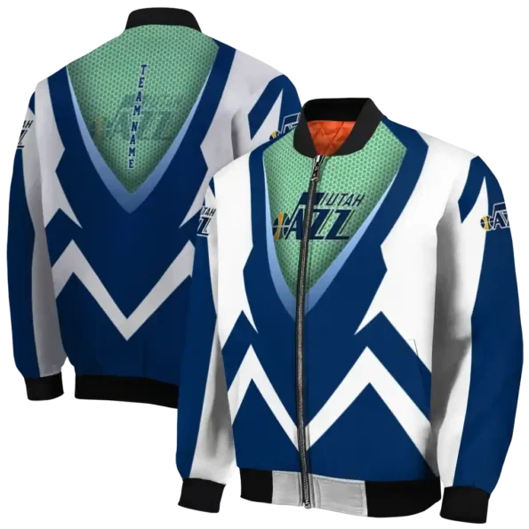 personalized utah jazz v stripes navy white bomber jacket fashion forward