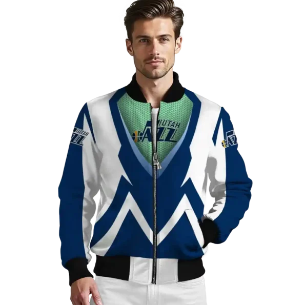 personalized utah jazz v stripes navy white bomber jacket high quality