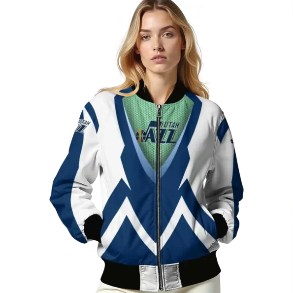 personalized utah jazz v stripes navy white bomber jacket latest model