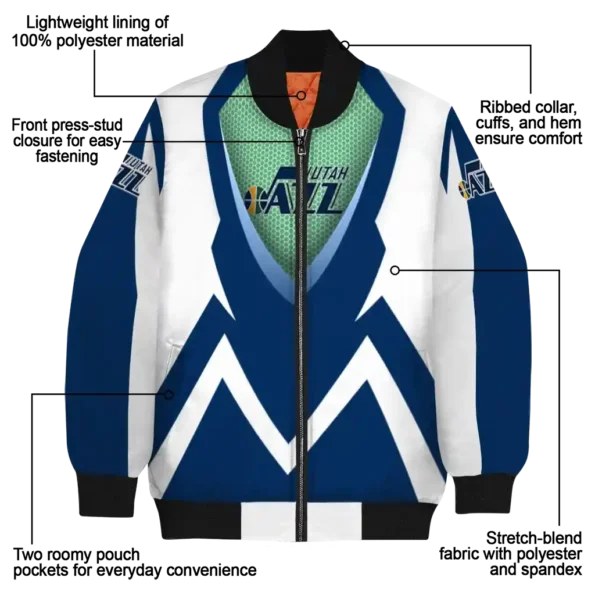 personalized utah jazz v stripes navy white bomber jacket new arrival