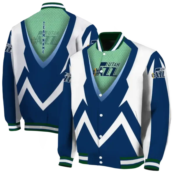 personalized utah jazz v stripes navy white varsity jacket fashion forward.webp