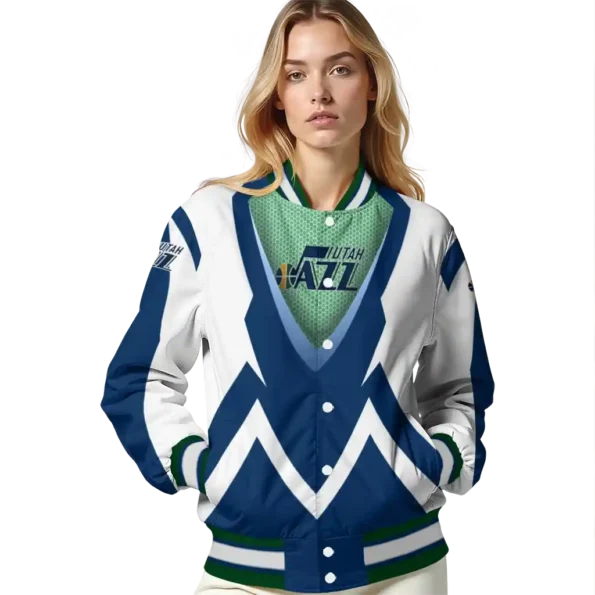 personalized utah jazz v stripes navy white varsity jacket latest model.webp