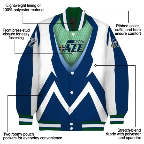 personalized utah jazz v stripes navy white varsity jacket new arrival.webp