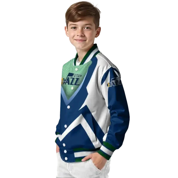 personalized utah jazz v stripes navy white varsity jacket trendy.webp