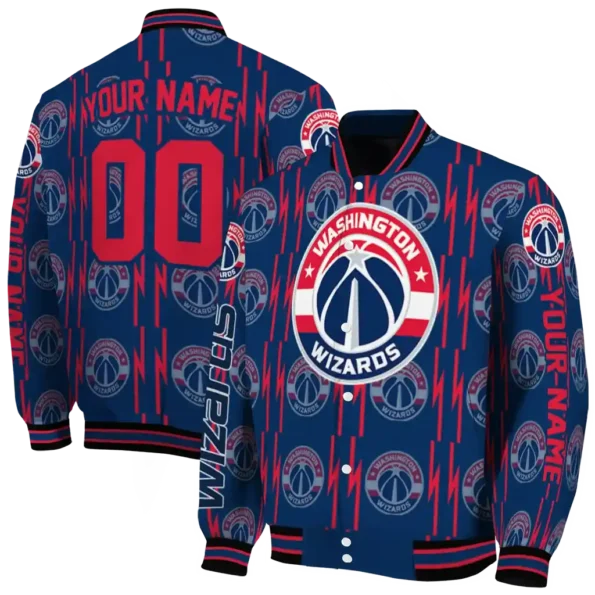 personalized washington wizards bolt stripe blue varsity jacket fashion forward.webp
