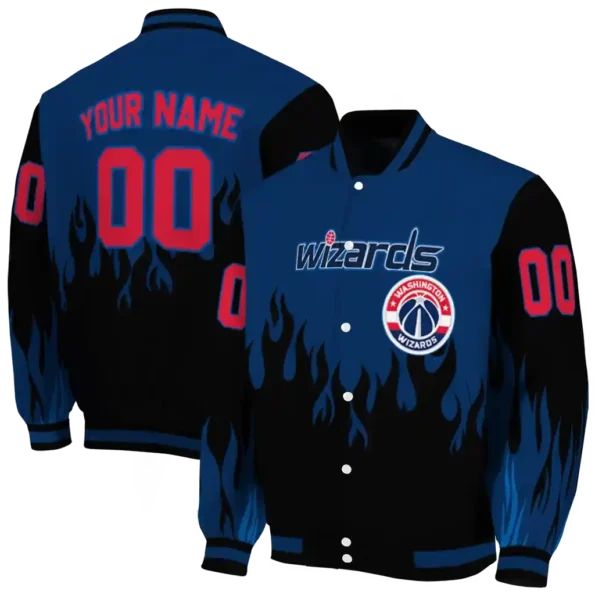 personalized washington wizards flame border blue black varsity jacket fashion forward.webp