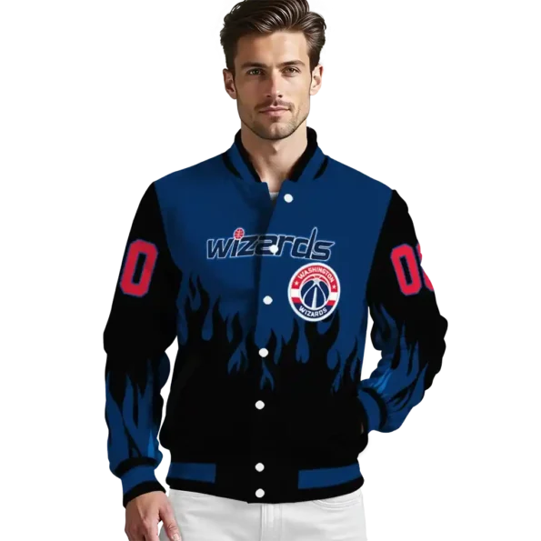 personalized washington wizards flame border blue black varsity jacket high quality.webp
