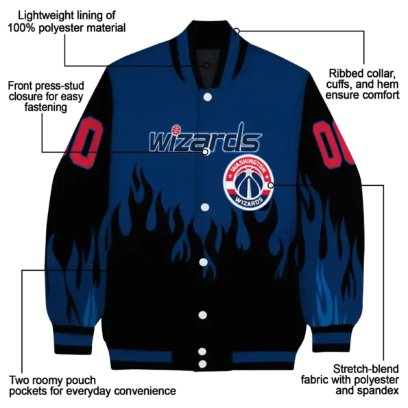 personalized washington wizards flame border blue black varsity jacket new arrival.webp