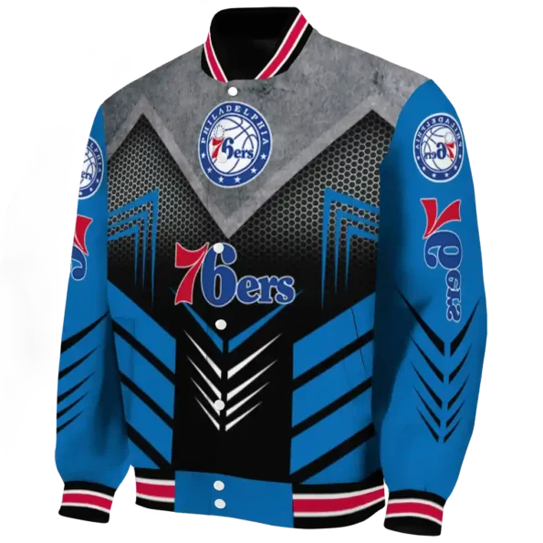philadelphia 76ers arrow layer blue black varsity jacket best selling.webp