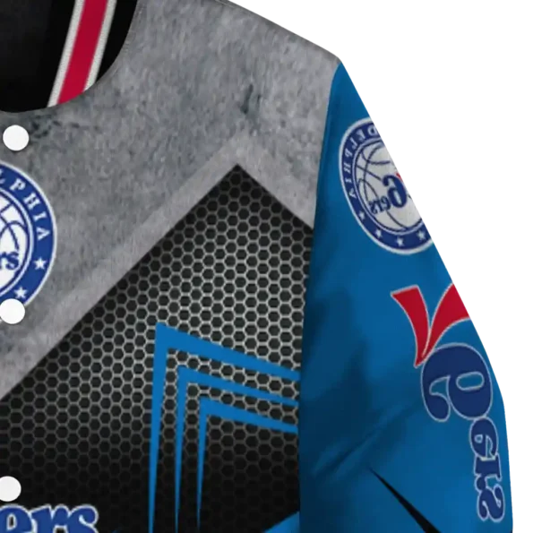 philadelphia 76ers arrow layer blue black varsity jacket premium grade.webp