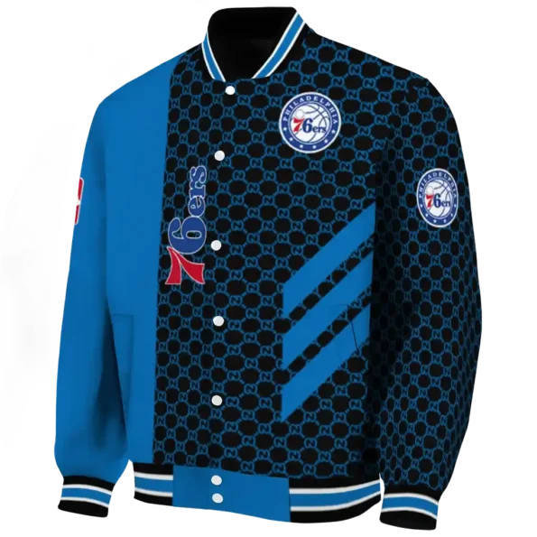 philadelphia 76ers triple side stripes blue black varsity jacket best selling.webp
