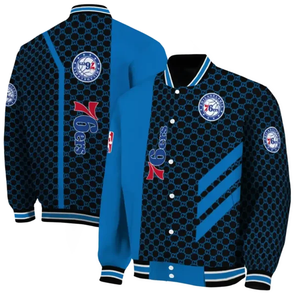 philadelphia 76ers triple side stripes blue black varsity jacket fashion forward.webp