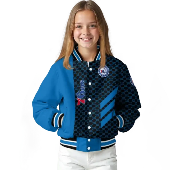 philadelphia 76ers triple side stripes blue black varsity jacket top rated.webp