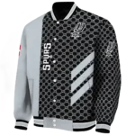 san antonio spurs triple side stripes silver black varsity jacket best selling.webp