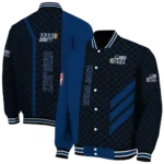 utah jazz triple side stripes navy black varsity jacket best selling.webp