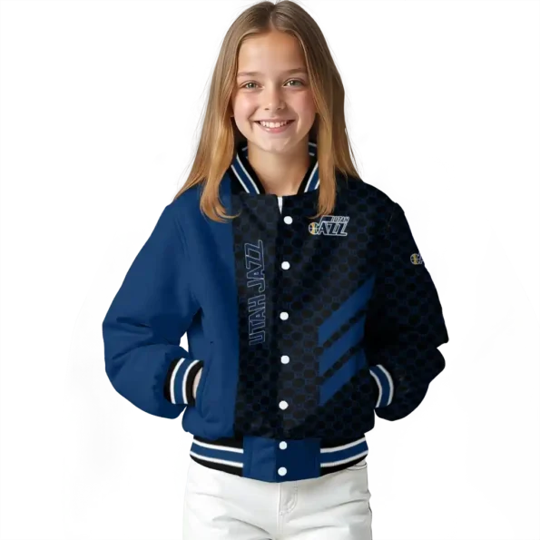 utah jazz triple side stripes navy black varsity jacket top rated.webp