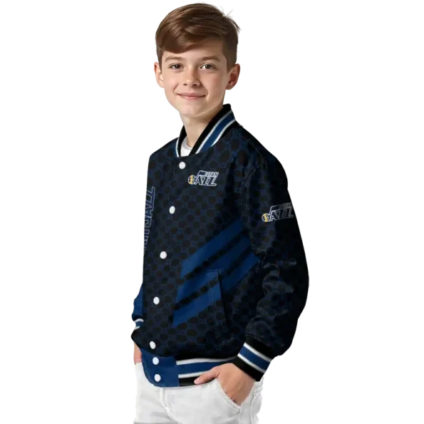 utah jazz triple side stripes navy black varsity jacket trendy.webp